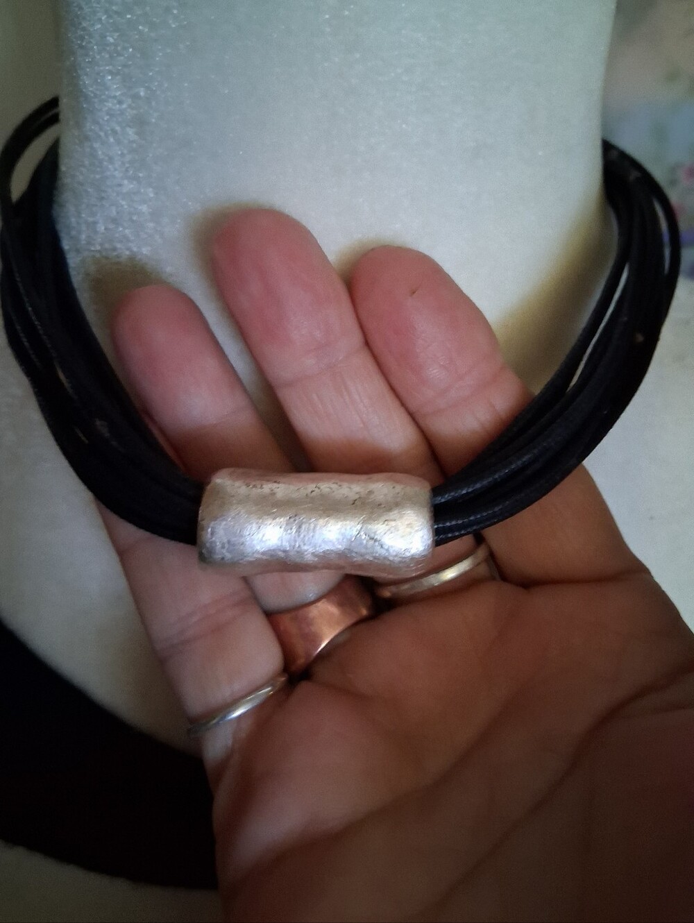 Black Multi-Strand Leather Necklace with Silver Tube Accent